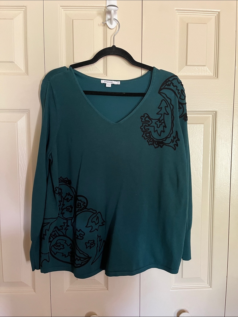 Chico's Deep Teal V-Neck Long Sleeve Top with Black Embroidered Motifs